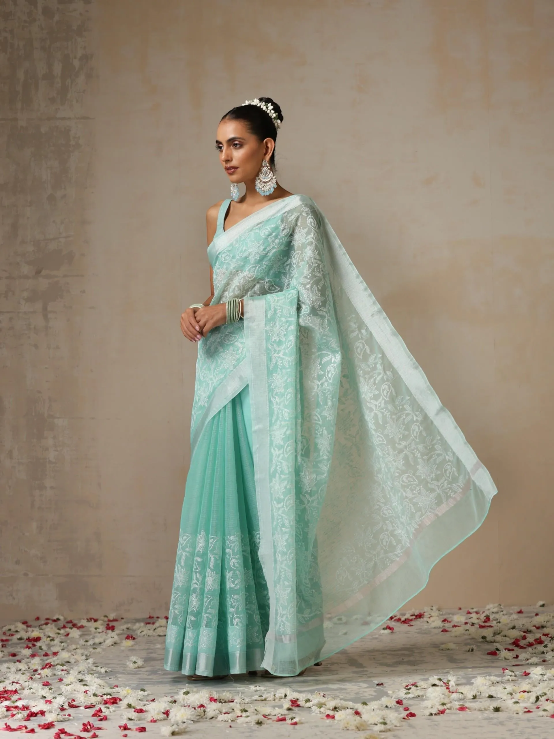 Sea Green and Silver Cotton Kota Saree with Allover Embroidery and Blouse Fabric