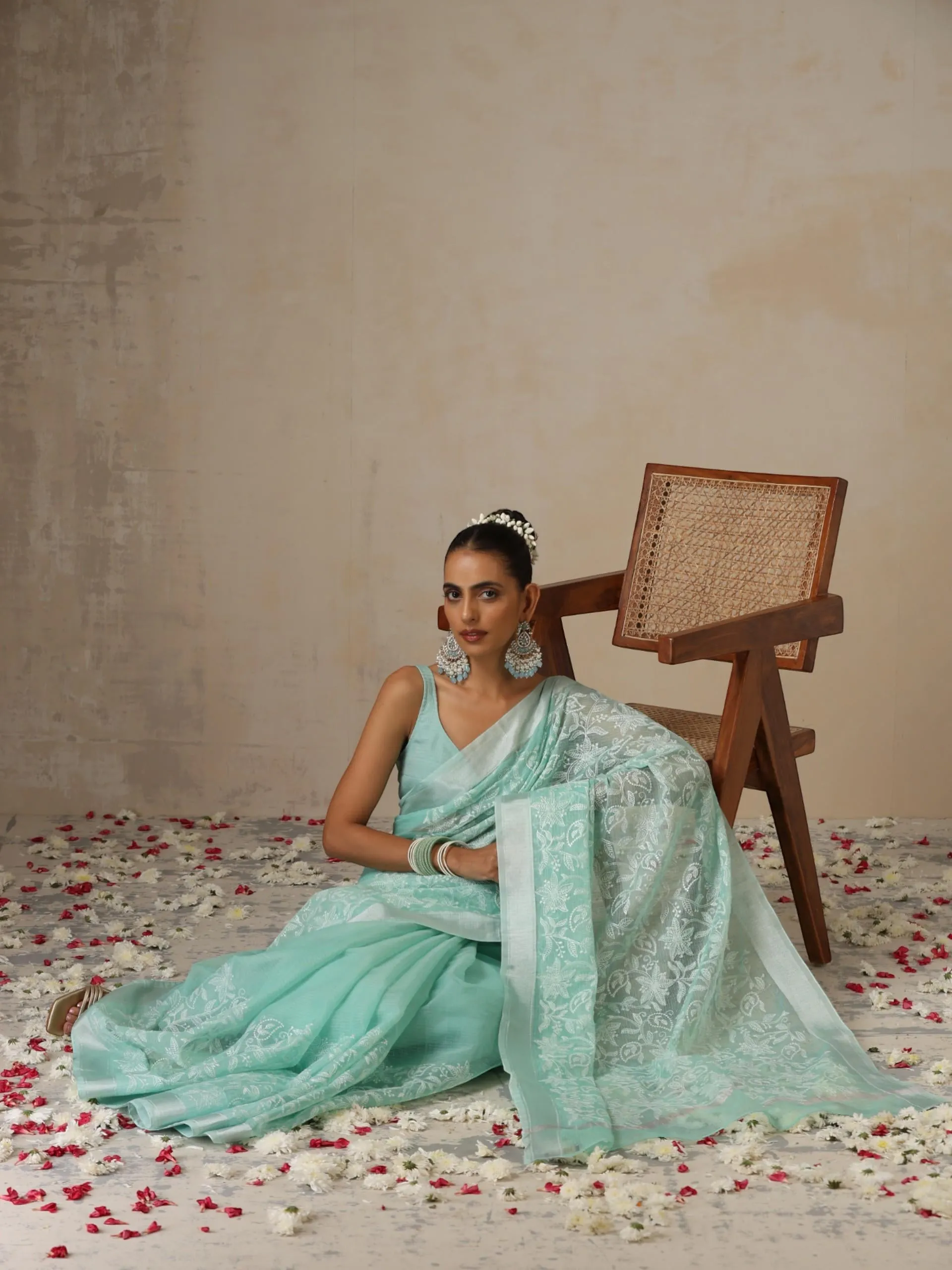 Sea Green and Silver Cotton Kota Saree with Allover Embroidery and Blouse Fabric