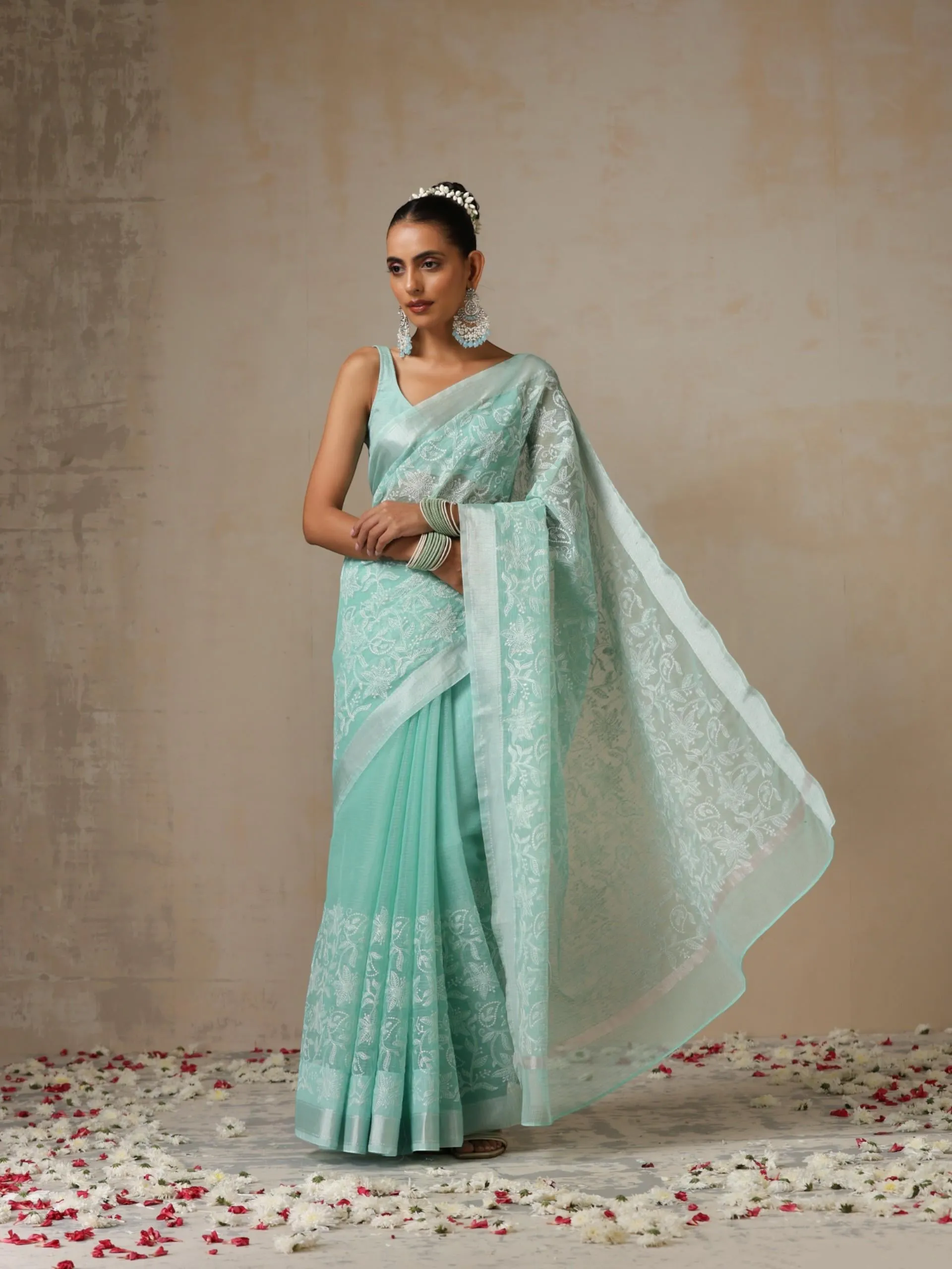 Sea Green and Silver Cotton Kota Saree with Allover Embroidery and Blouse Fabric