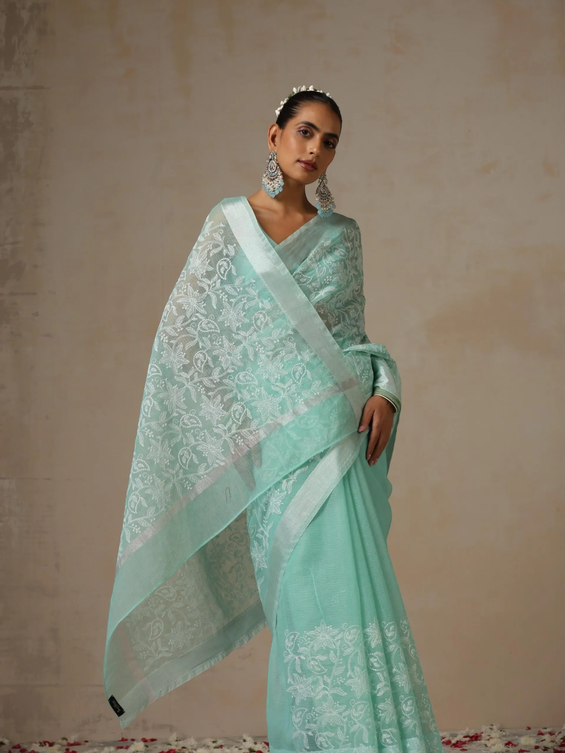Sea Green and Silver Cotton Kota Saree with Allover Embroidery and Blouse Fabric