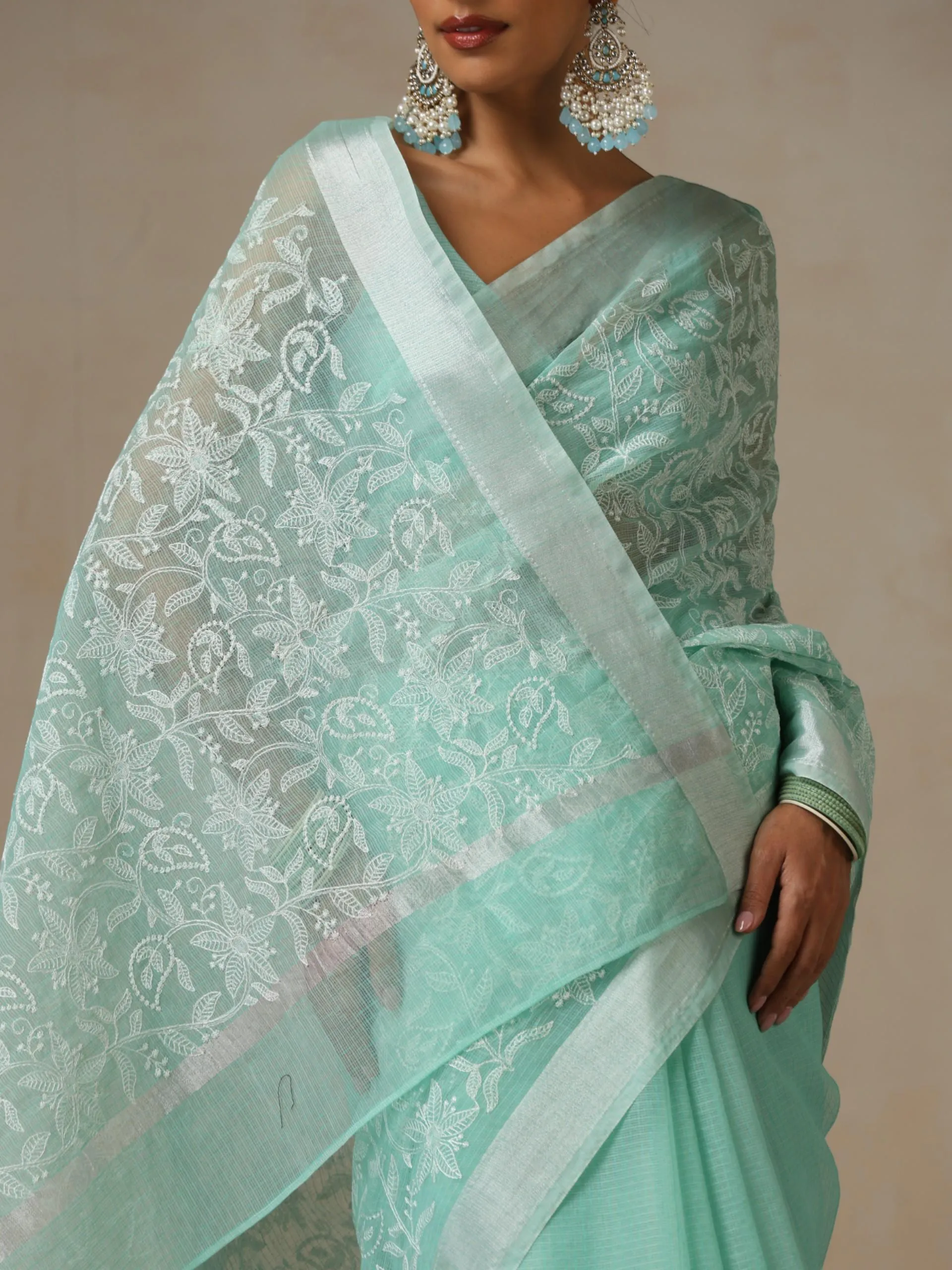 Sea Green and Silver Cotton Kota Saree with Allover Embroidery and Blouse Fabric