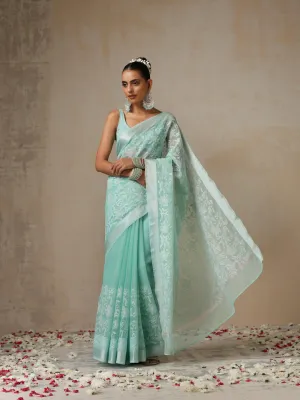 Sea Green and Silver Cotton Kota Saree with Allover Embroidery and Blouse Fabric