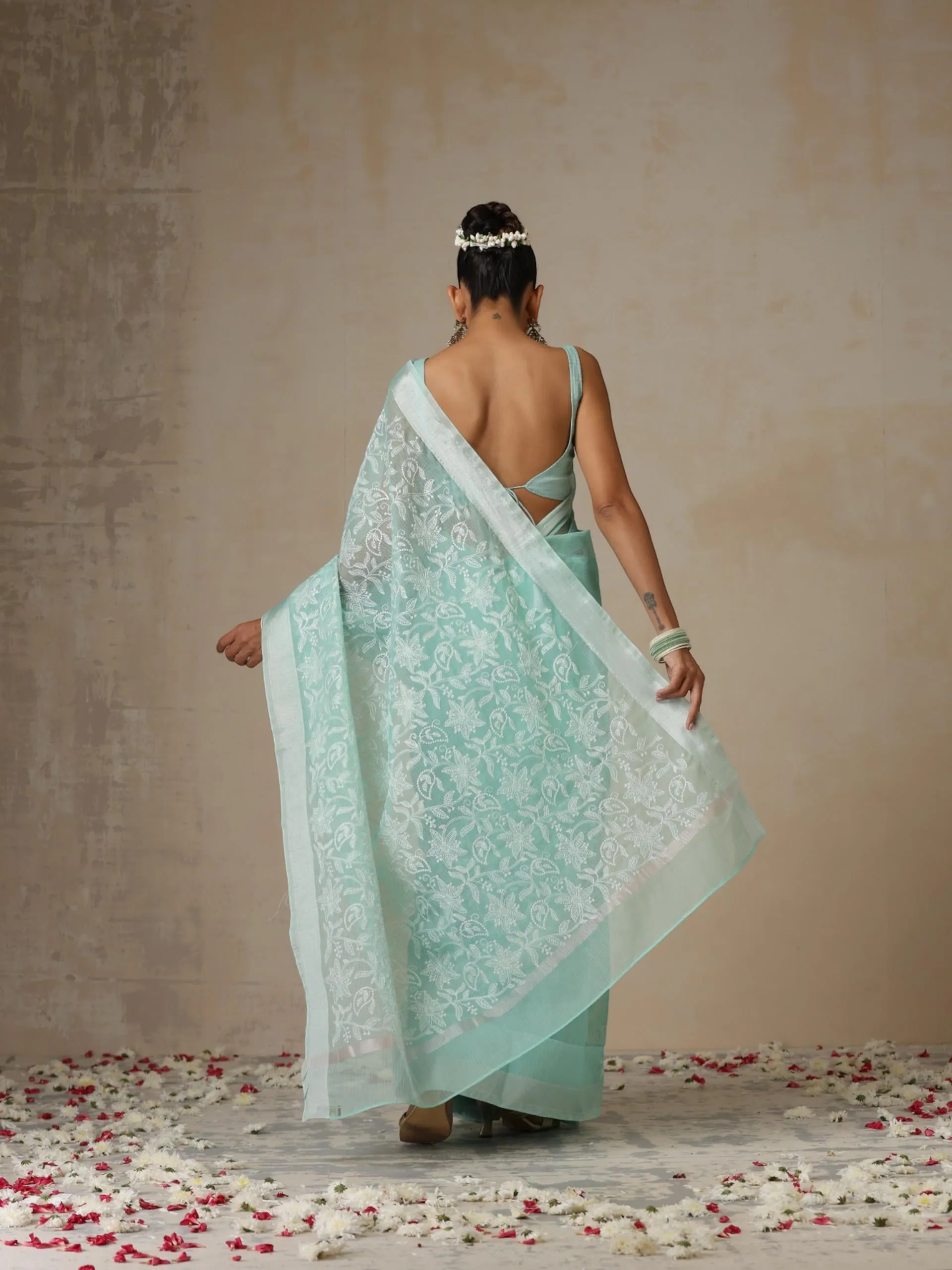 Sea Green and Silver Cotton Kota Saree with Allover Embroidery and Blouse Fabric