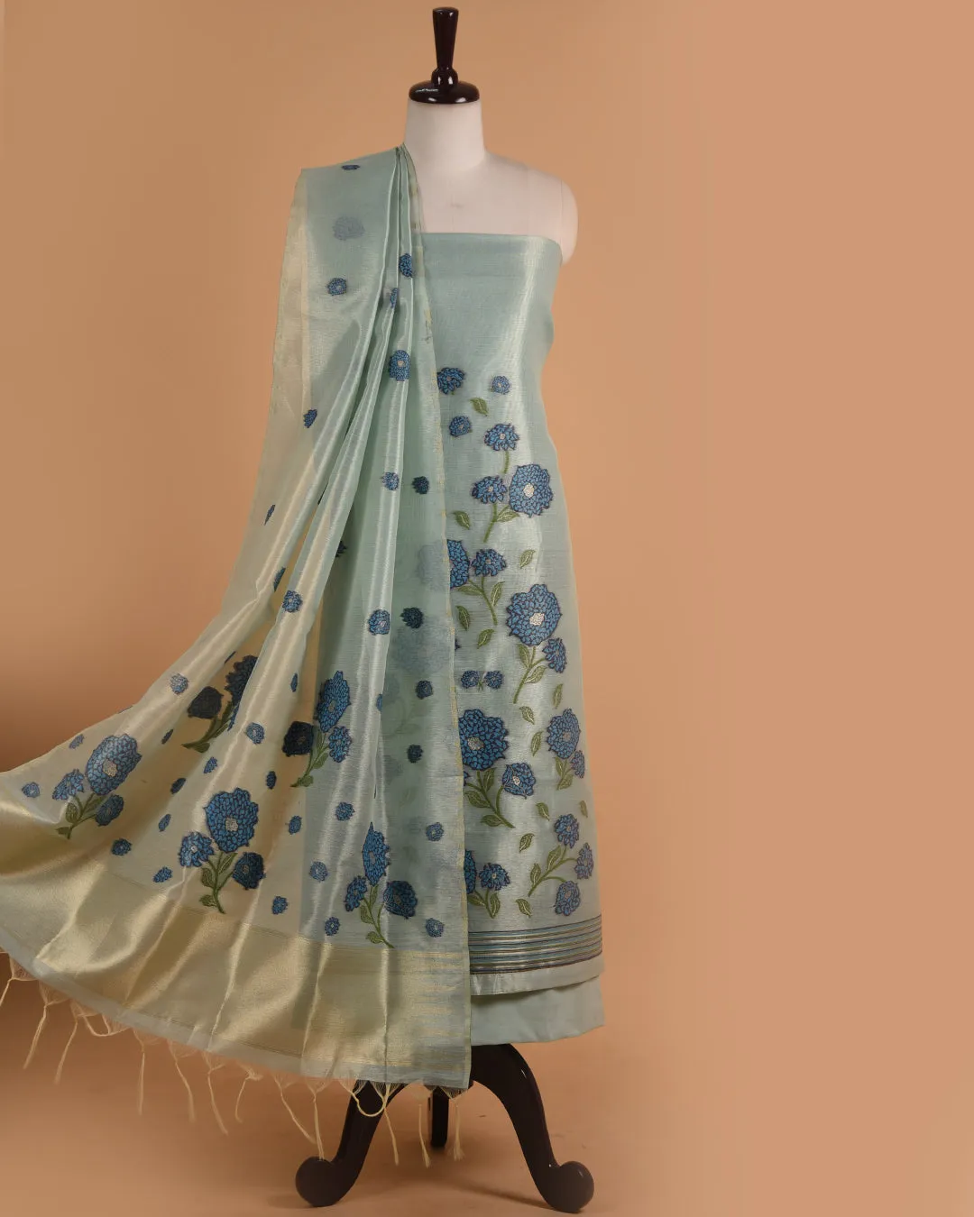 Sea Green Chanderi Tissue Blend Jamdani Woven Unstitched Suit Fabric Set With Chanderi Tissue Woven Dupatta