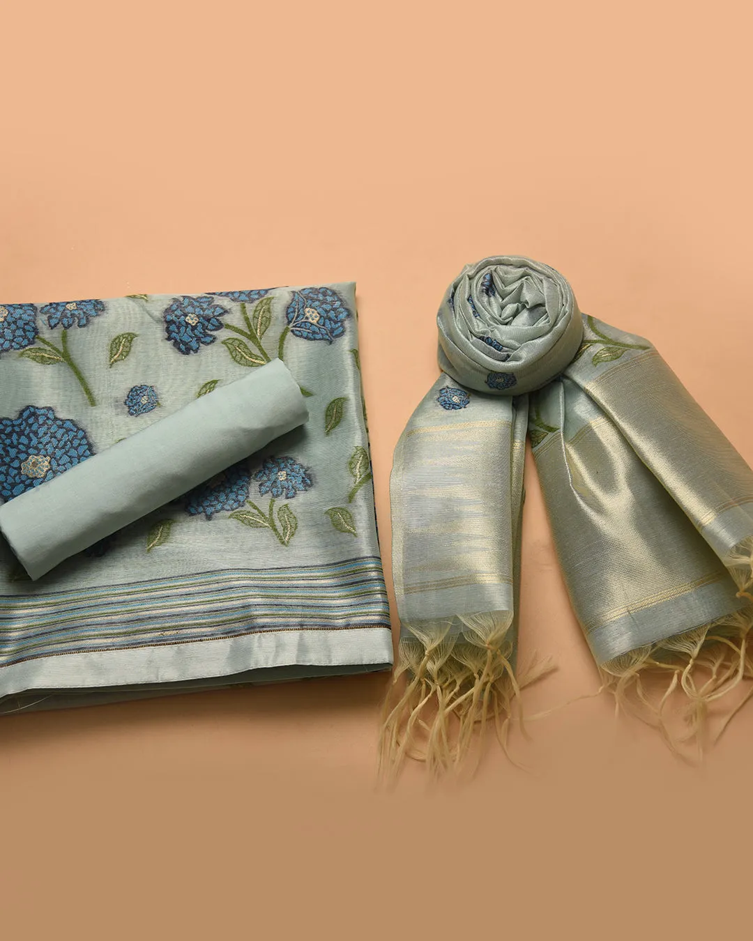 Sea Green Chanderi Tissue Blend Jamdani Woven Unstitched Suit Fabric Set With Chanderi Tissue Woven Dupatta