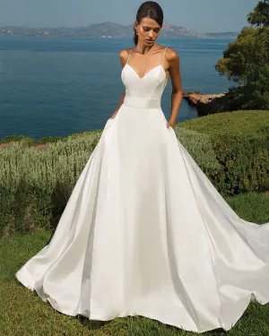 Sexy Spaghetti Straps Satin Wedding Dresses with Bow 2019 A-line Wedding Gowns Stylish