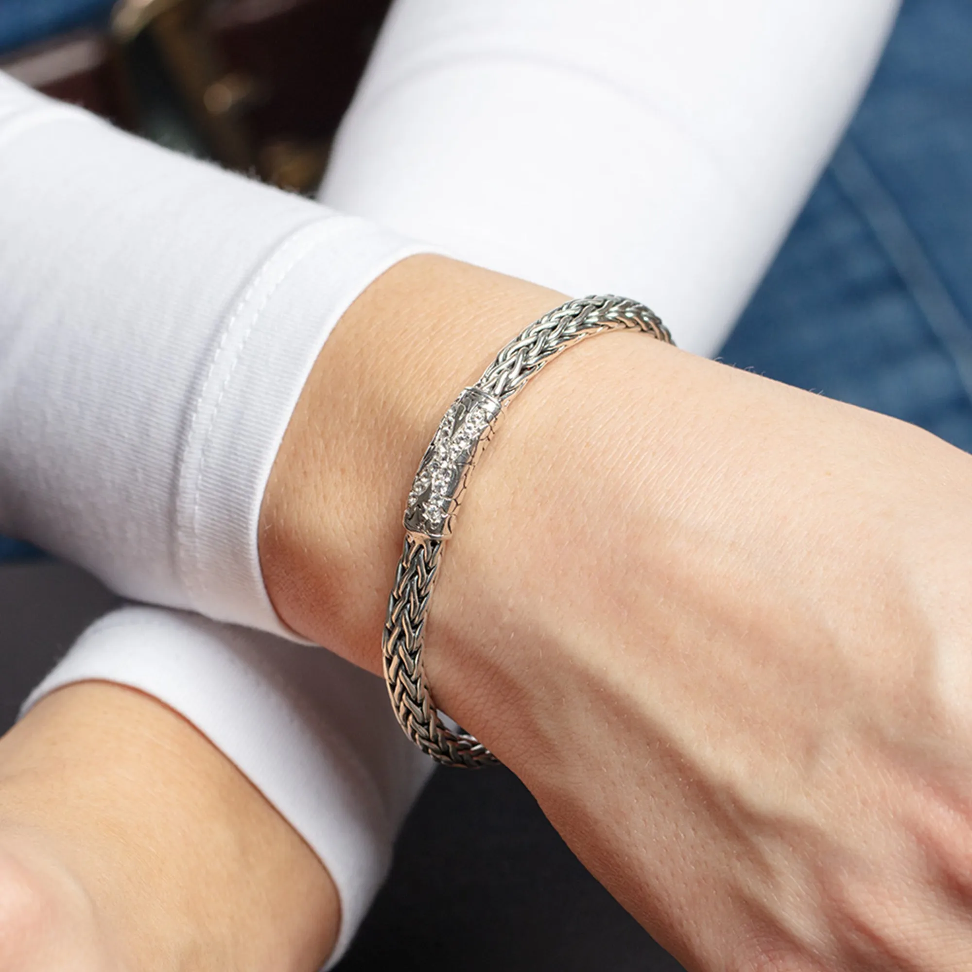 Silver & White Sapphire Woven X Bracelet