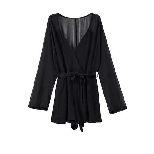 Stylish Deep V Neck Long Sleeve Self-Tie Belt Women's Romper - Black S
