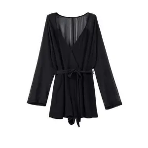 Stylish Deep V Neck Long Sleeve Self-Tie Belt Women's Romper - Black S