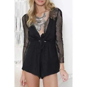 Stylish Plunging Neck Long Sleeve Lace Spliced Women's Romper - Black M