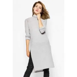 Stylish Turtle Neck Long Sleeve Solid Color Side Slit Sweater Dress For Women - Gray M