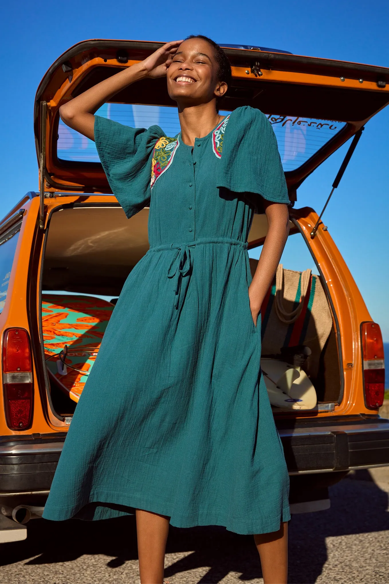 Tia Multi Colour Corded Dress - Petrol/Multi
