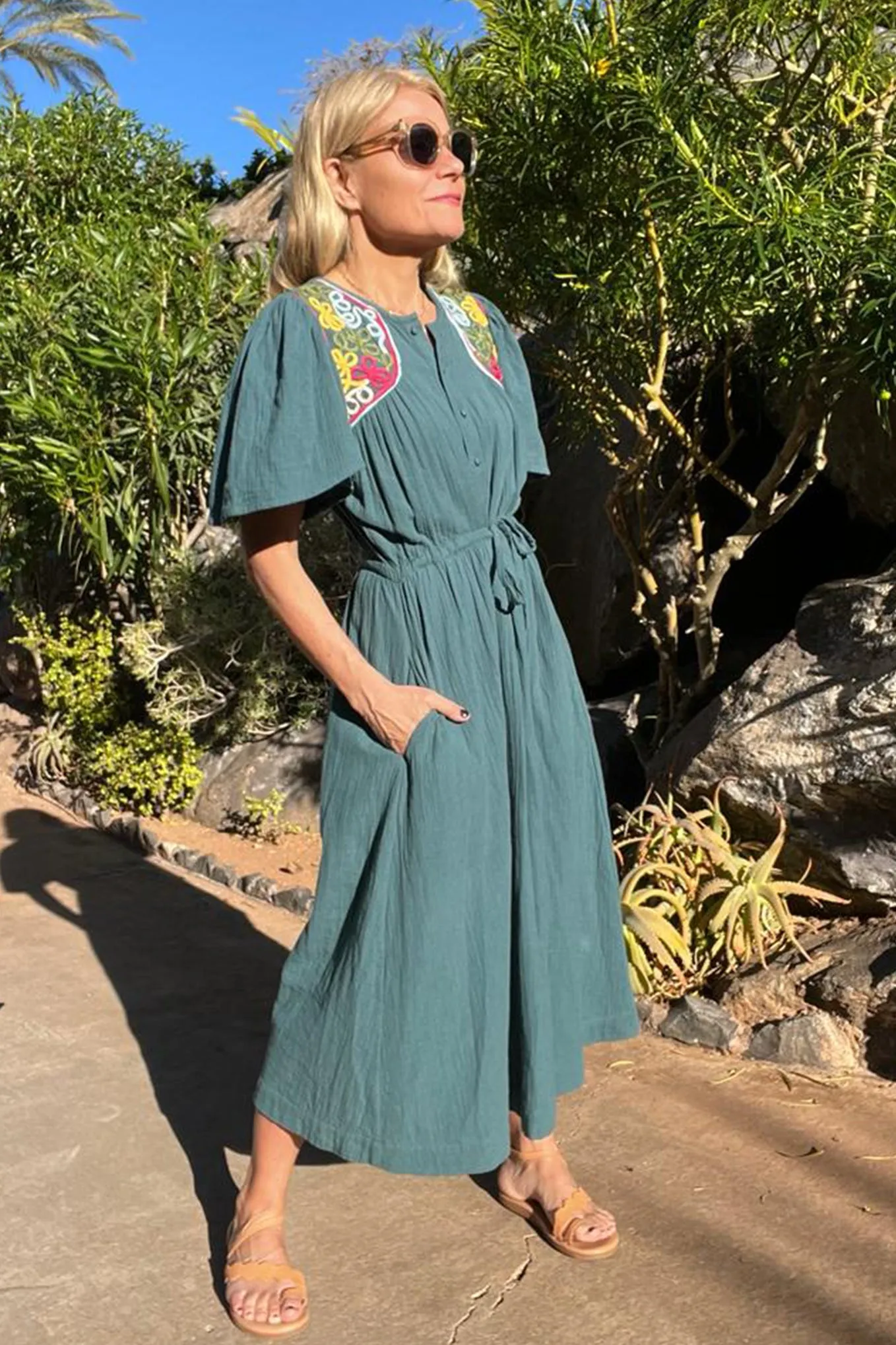 Tia Multi Colour Corded Dress - Petrol/Multi