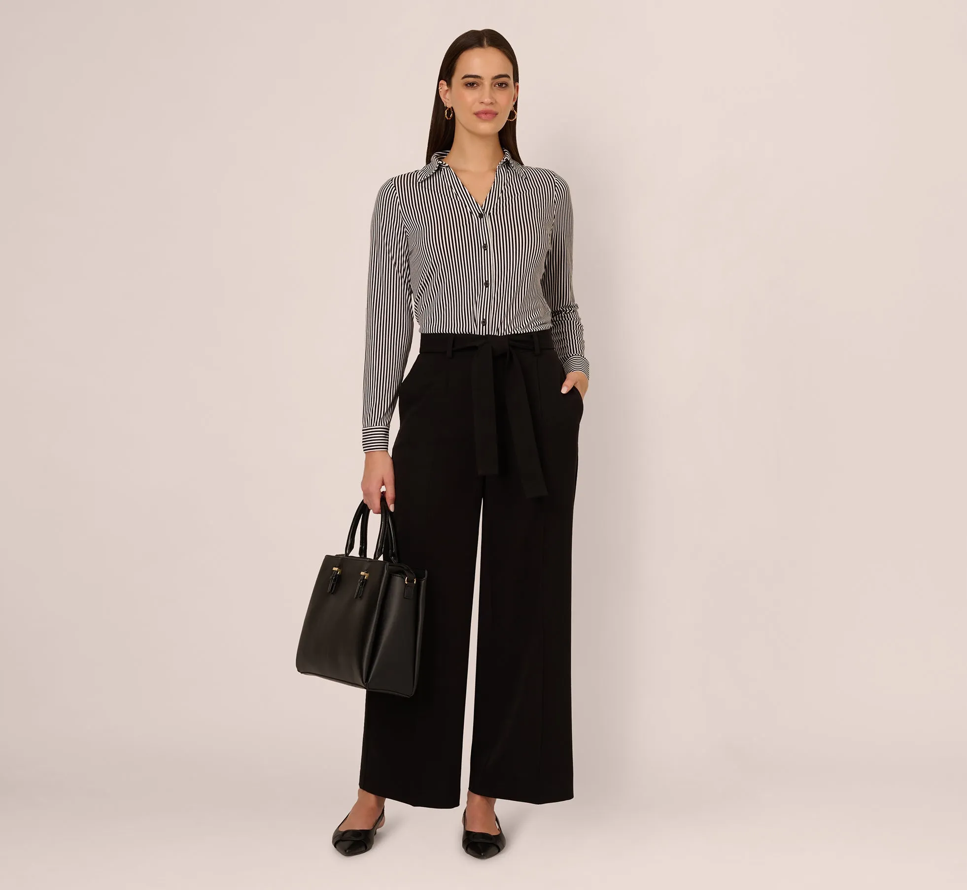 Twill Zip Fly Belted Wide Leg Pant In Black