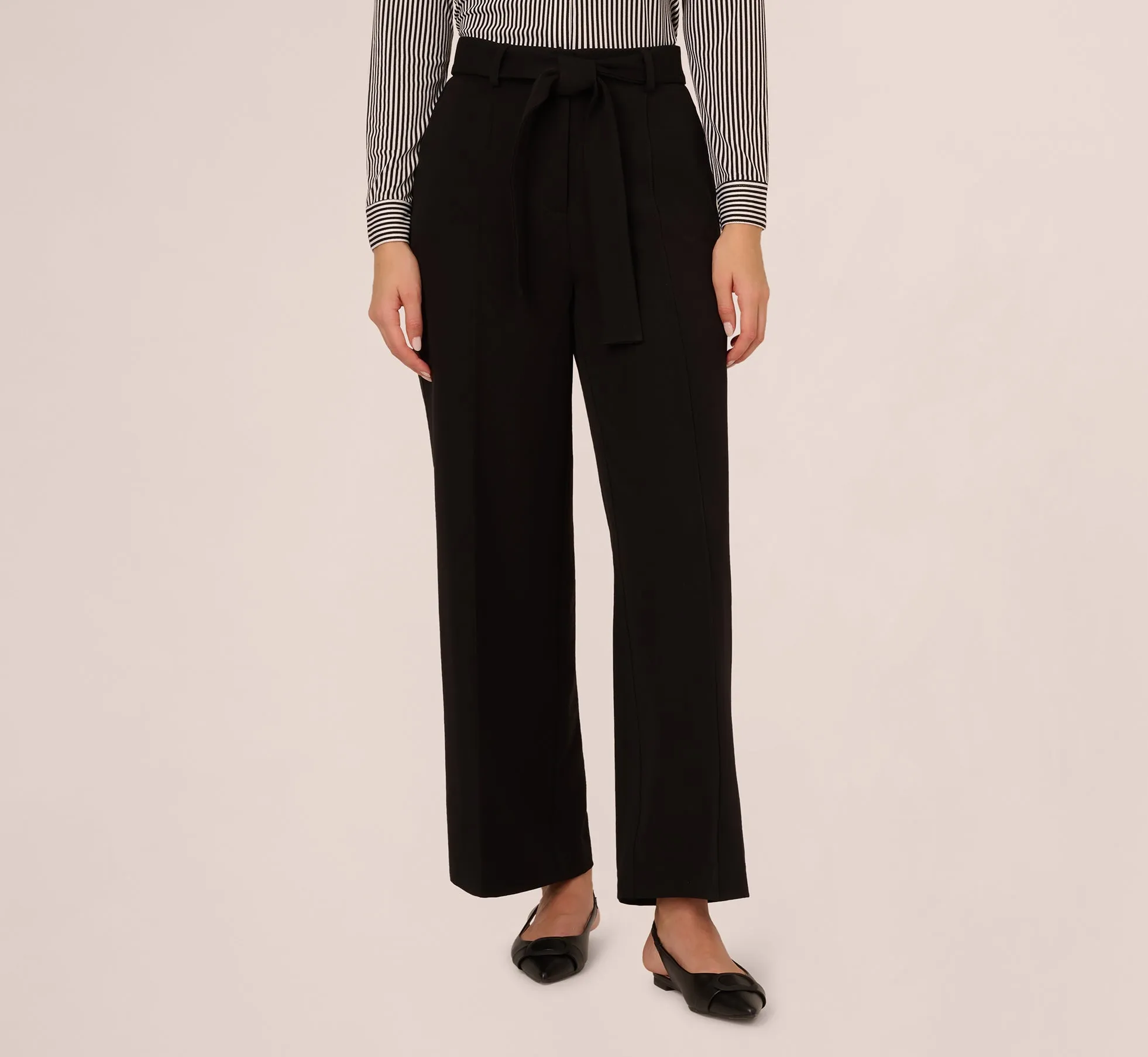 Twill Zip Fly Belted Wide Leg Pant In Black