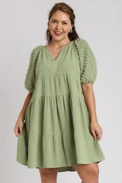 Umgee Full Size Linen Tiered A-Line Split Neck Dress Plus Size