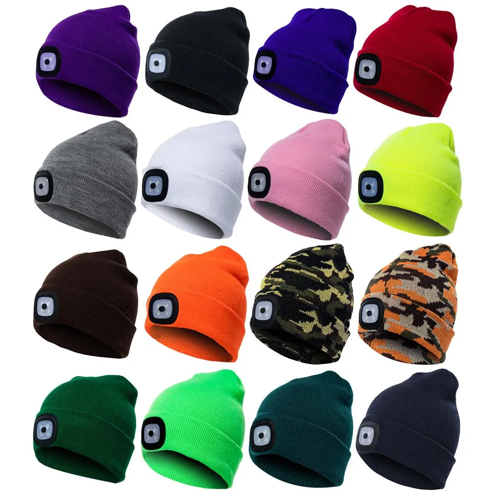 Unisex Cycling Hiking LED Light Knitted Hat Winter Elastic Beanie Cap