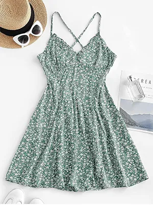 V-Neck Cross Back Pleated Floral Dress