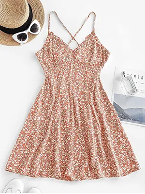 V-Neck Cross Back Pleated Floral Dress