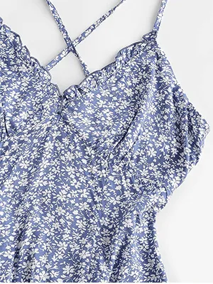 V-Neck Cross Back Pleated Floral Dress