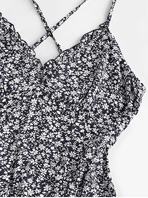V-Neck Cross Back Pleated Floral Dress