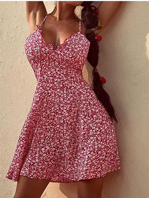 V-Neck Cross Back Pleated Floral Dress