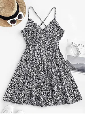 V-Neck Cross Back Pleated Floral Dress