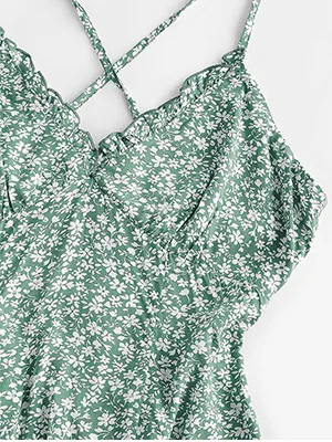 V-Neck Cross Back Pleated Floral Dress