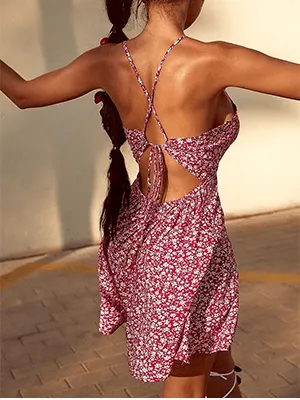 V-Neck Cross Back Pleated Floral Dress