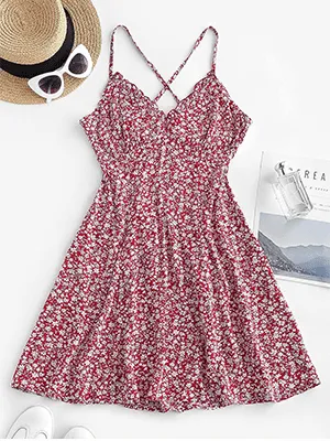 V-Neck Cross Back Pleated Floral Dress