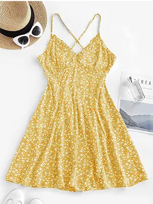 V-Neck Cross Back Pleated Floral Dress