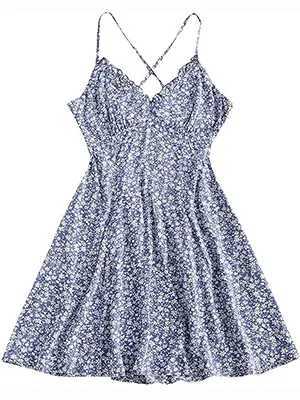 V-Neck Cross Back Pleated Floral Dress