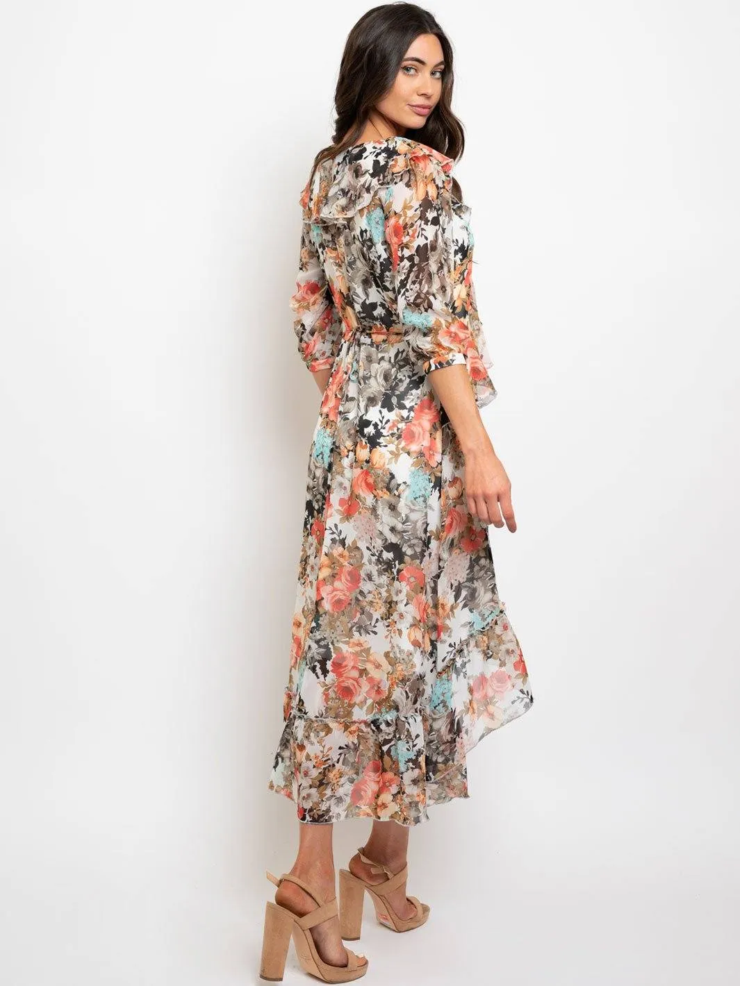 WOMEN'S 3/4 SLEVEES LOW-HIGH MIDI DRESS