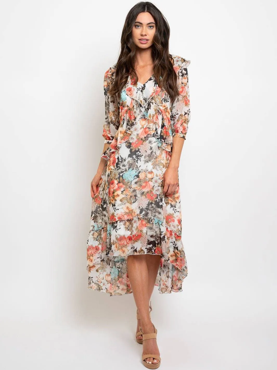 WOMEN'S 3/4 SLEVEES LOW-HIGH MIDI DRESS