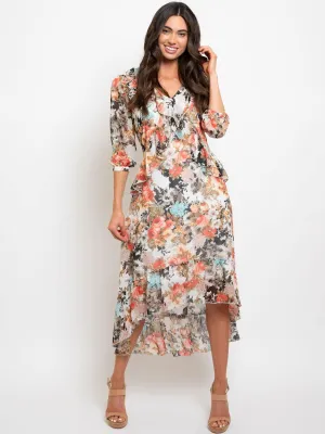 WOMEN'S 3/4 SLEVEES LOW-HIGH MIDI DRESS