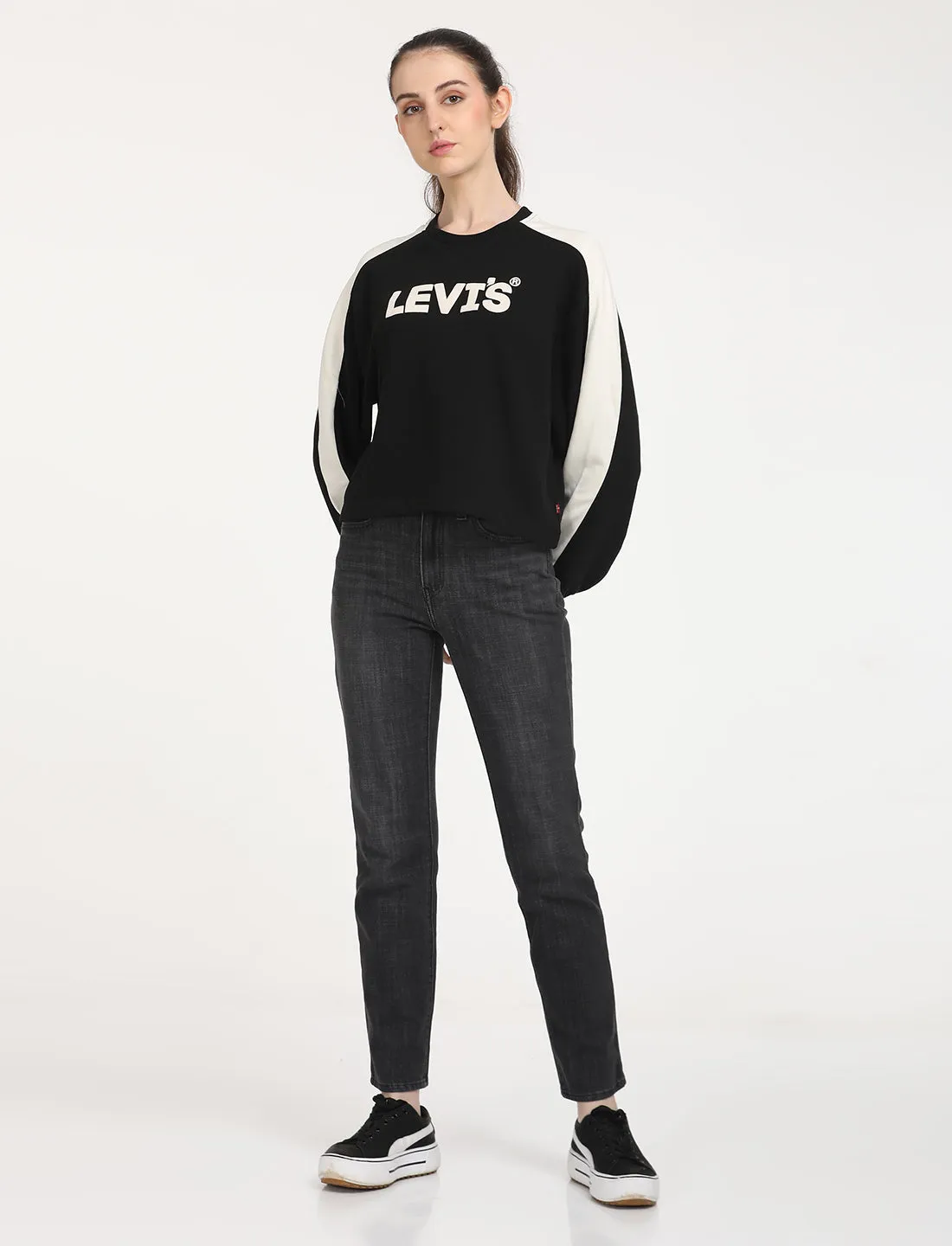 Women's Brand Logo Black Crew Neck Sweatshirt