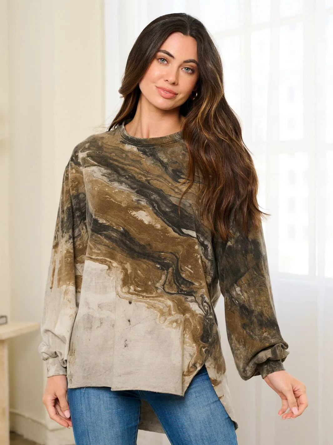 WOMEN'S LONG SLEEVE HIGH-LOW TIE DYE OVERSIZE TOP