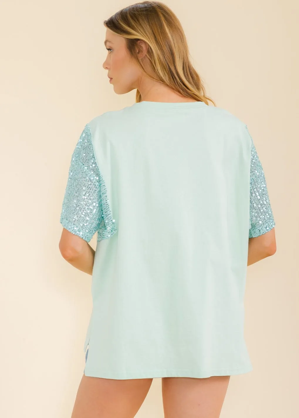 WOMEN'S SHORT SEQUINS SLEEVE HIGH-LOW TOP