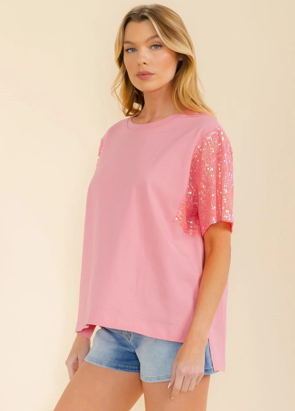 WOMEN'S SHORT SEQUINS SLEEVE HIGH-LOW TOP