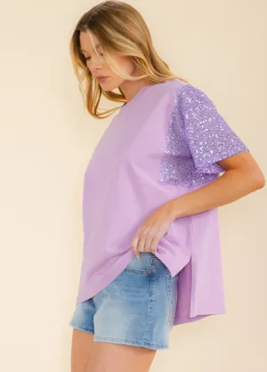 WOMEN'S SHORT SEQUINS SLEEVE HIGH-LOW TOP