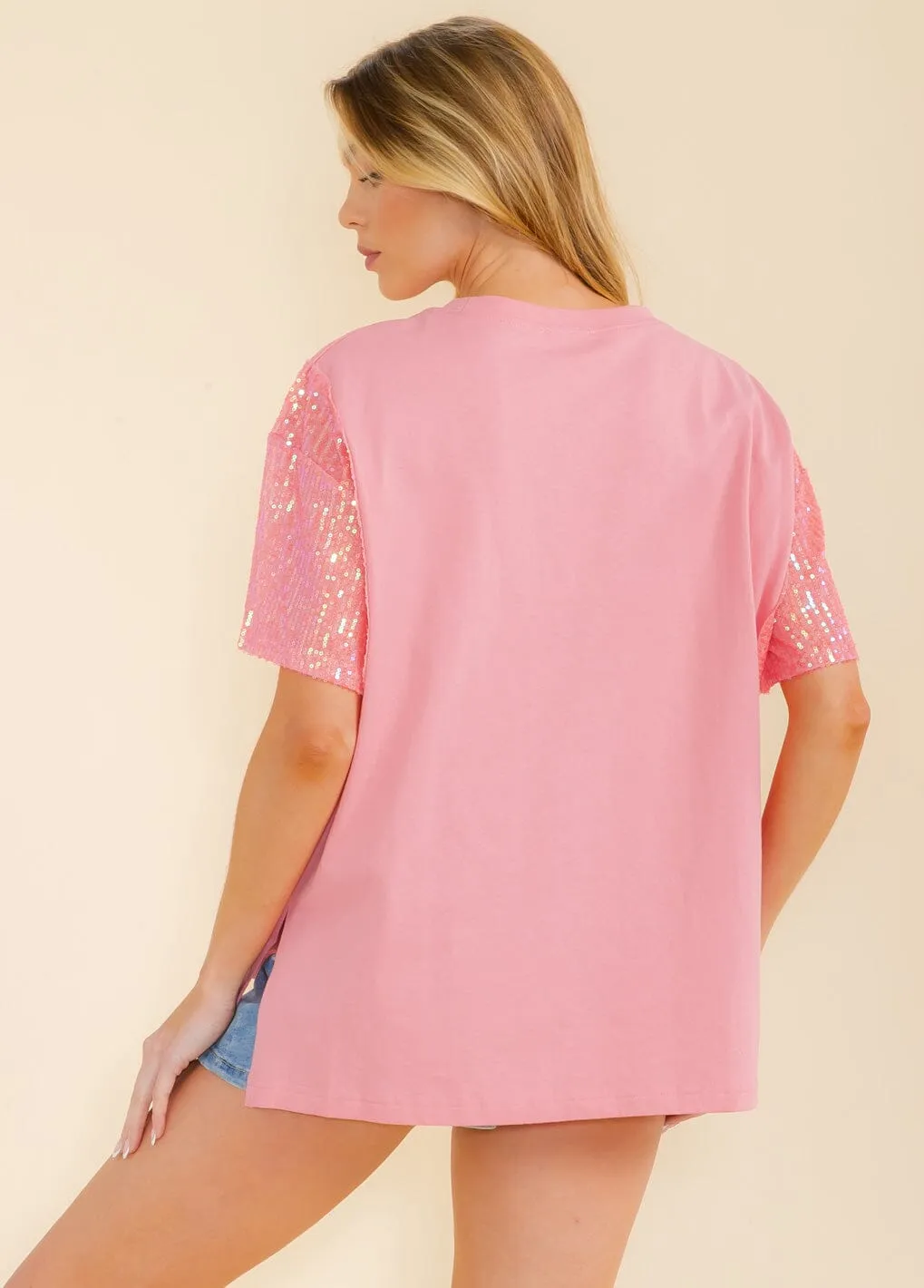 WOMEN'S SHORT SEQUINS SLEEVE HIGH-LOW TOP