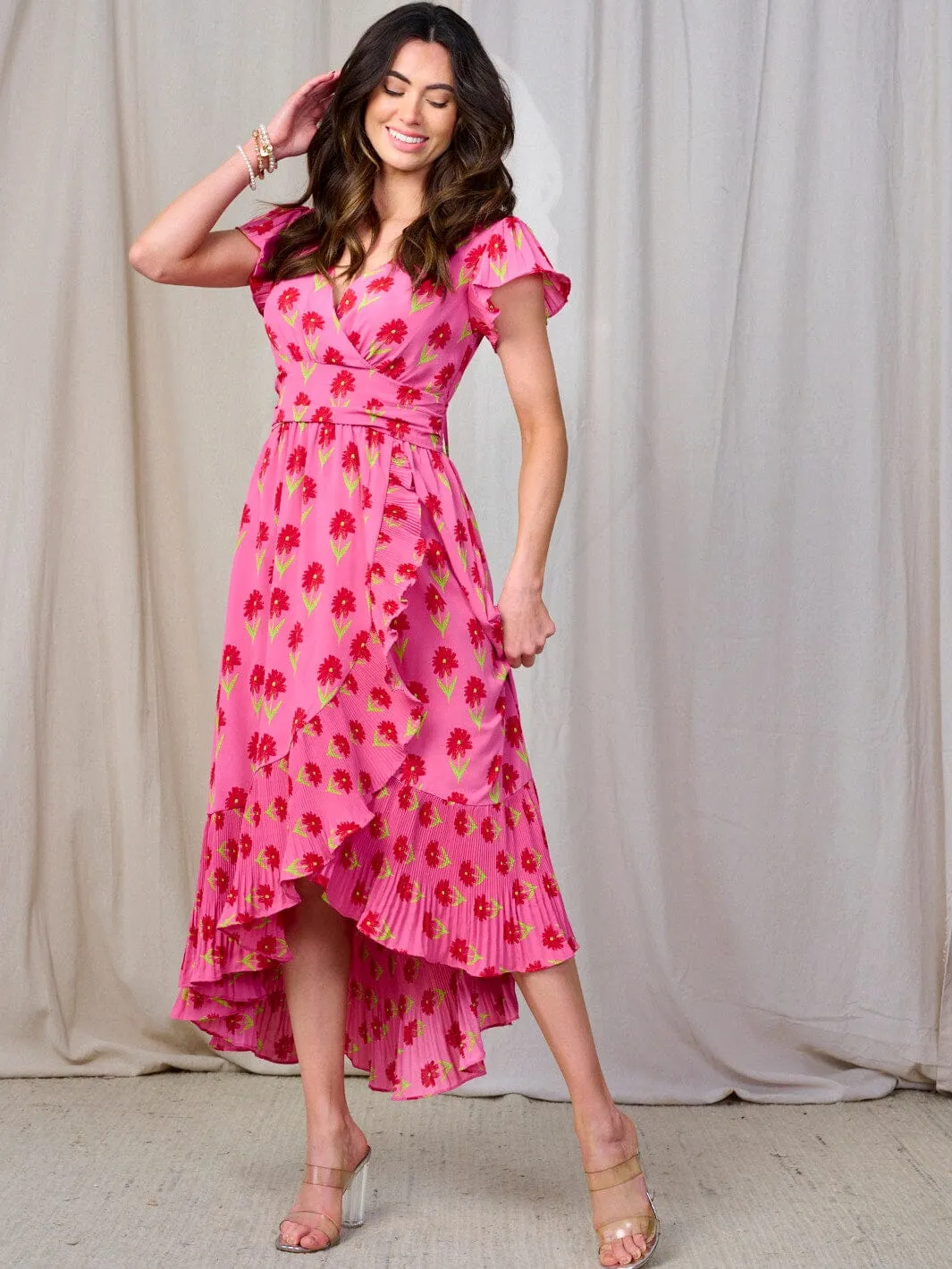 WOMEN'S SHORT SLEEVE SMOCK WAIST SURPLICE RUFFLE MAXI DRESS