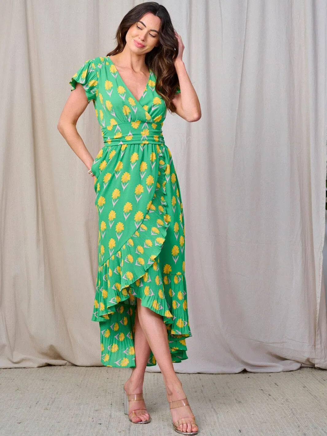 WOMEN'S SHORT SLEEVE SMOCK WAIST SURPLICE RUFFLE MAXI DRESS