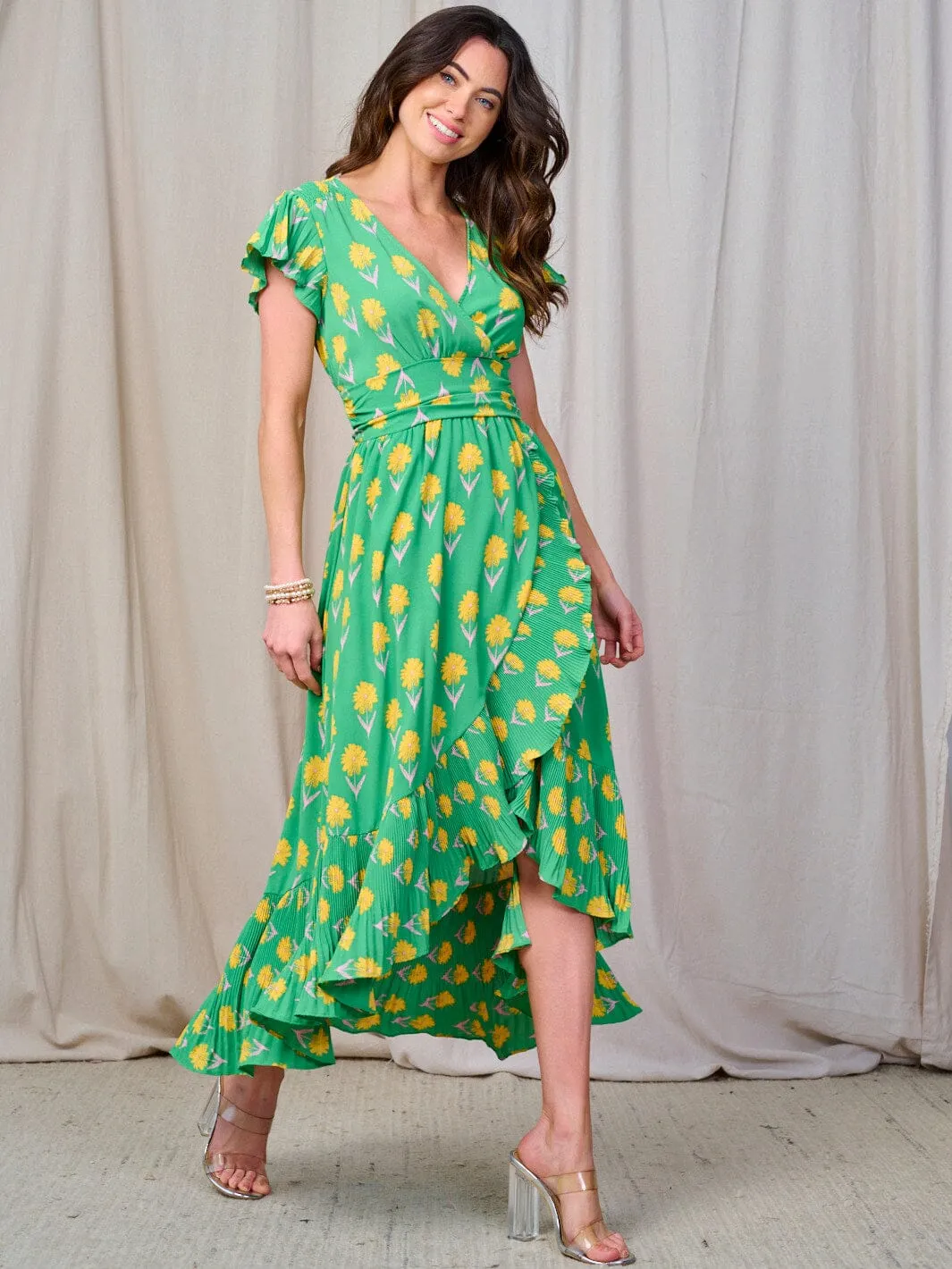 WOMEN'S SHORT SLEEVE SMOCK WAIST SURPLICE RUFFLE MAXI DRESS