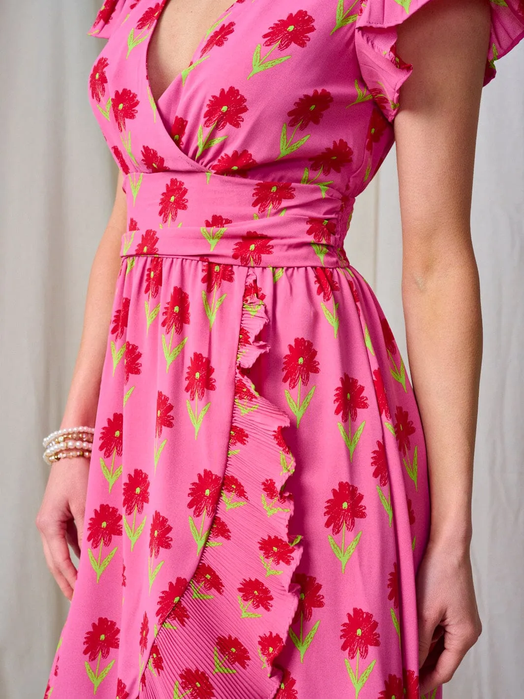 WOMEN'S SHORT SLEEVE SMOCK WAIST SURPLICE RUFFLE MAXI DRESS