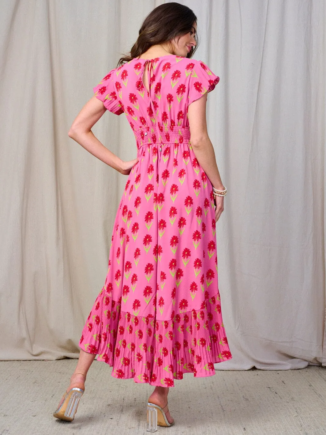 WOMEN'S SHORT SLEEVE SMOCK WAIST SURPLICE RUFFLE MAXI DRESS
