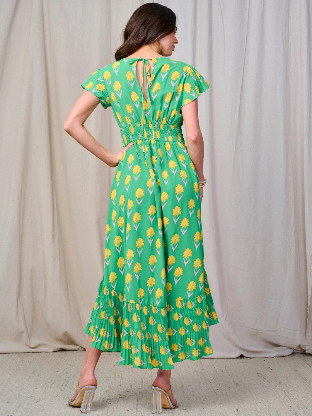 WOMEN'S SHORT SLEEVE SMOCK WAIST SURPLICE RUFFLE MAXI DRESS