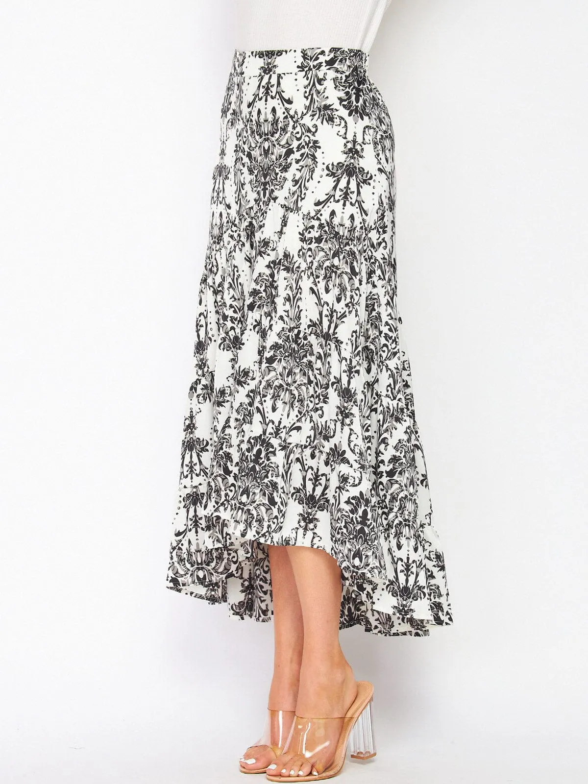 WOMEN'S ZIP UP TIERED FLORAL HIGH LOW MAXI SKIRT