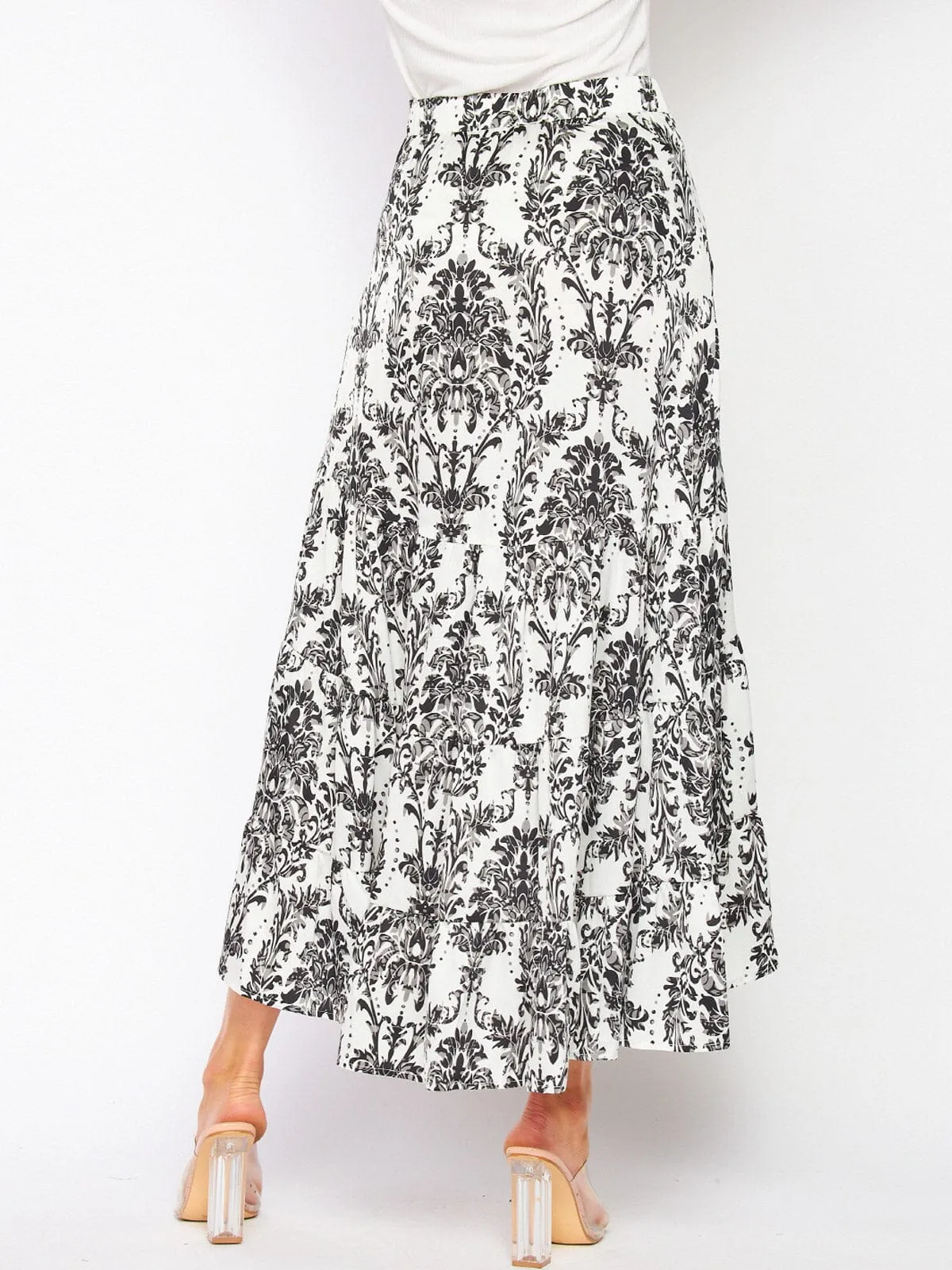 WOMEN'S ZIP UP TIERED FLORAL HIGH LOW MAXI SKIRT