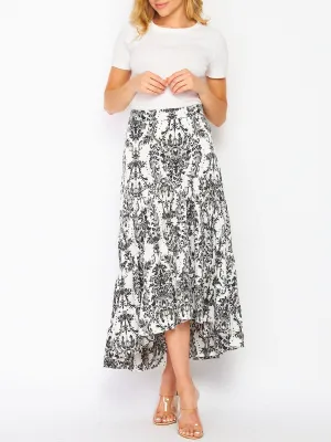 WOMEN'S ZIP UP TIERED FLORAL HIGH LOW MAXI SKIRT